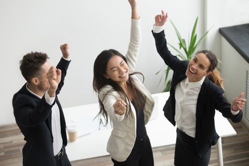 Victory Dance Concept Excited Diverse Coworkers Celebrating Business Success Min
