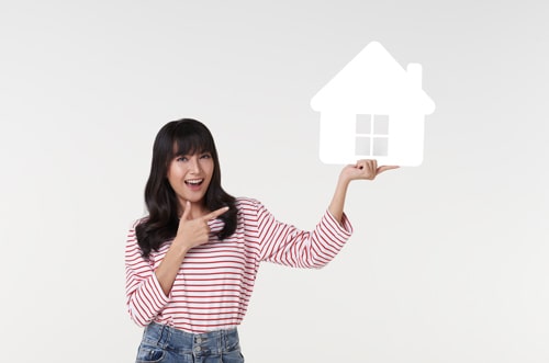 Beautiful Young Asian Woman Holding Paper House Cutout Isolated White Background Min
